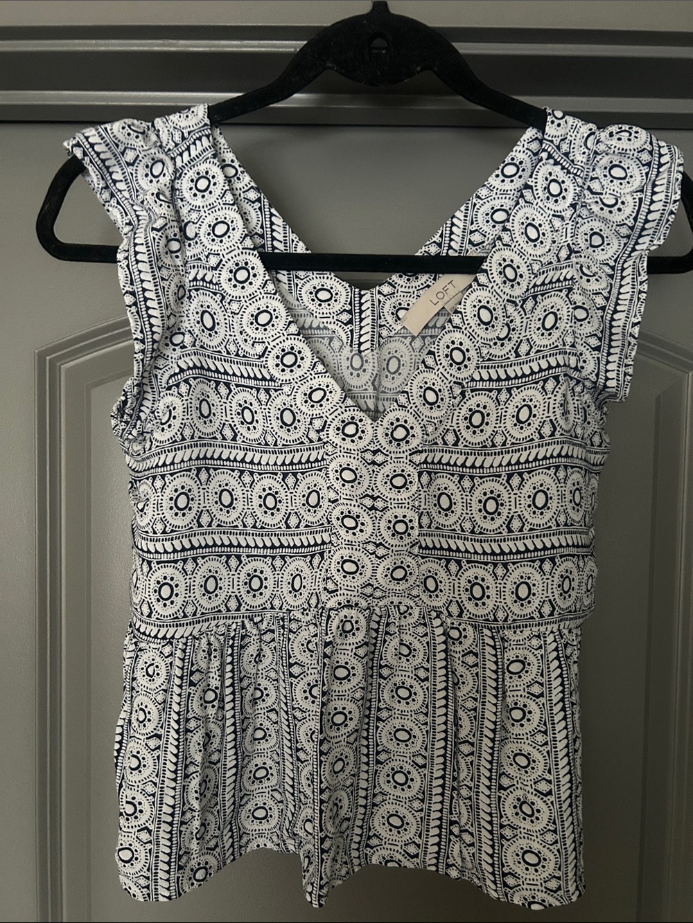 LOFT Navy and White Geometric V-Neck Peplum Dress